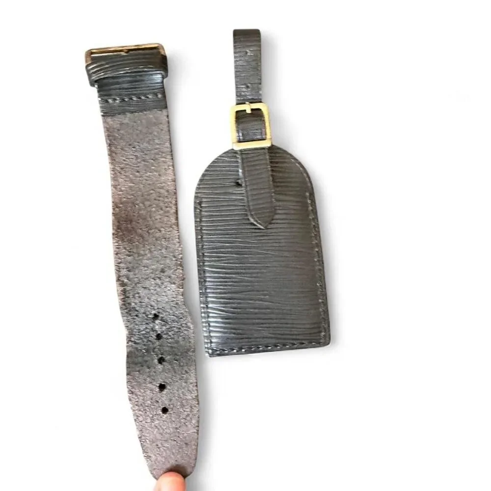 Louis Vuitton Black Epi Leather Luggage Tag & Strap Set Gold Made in France